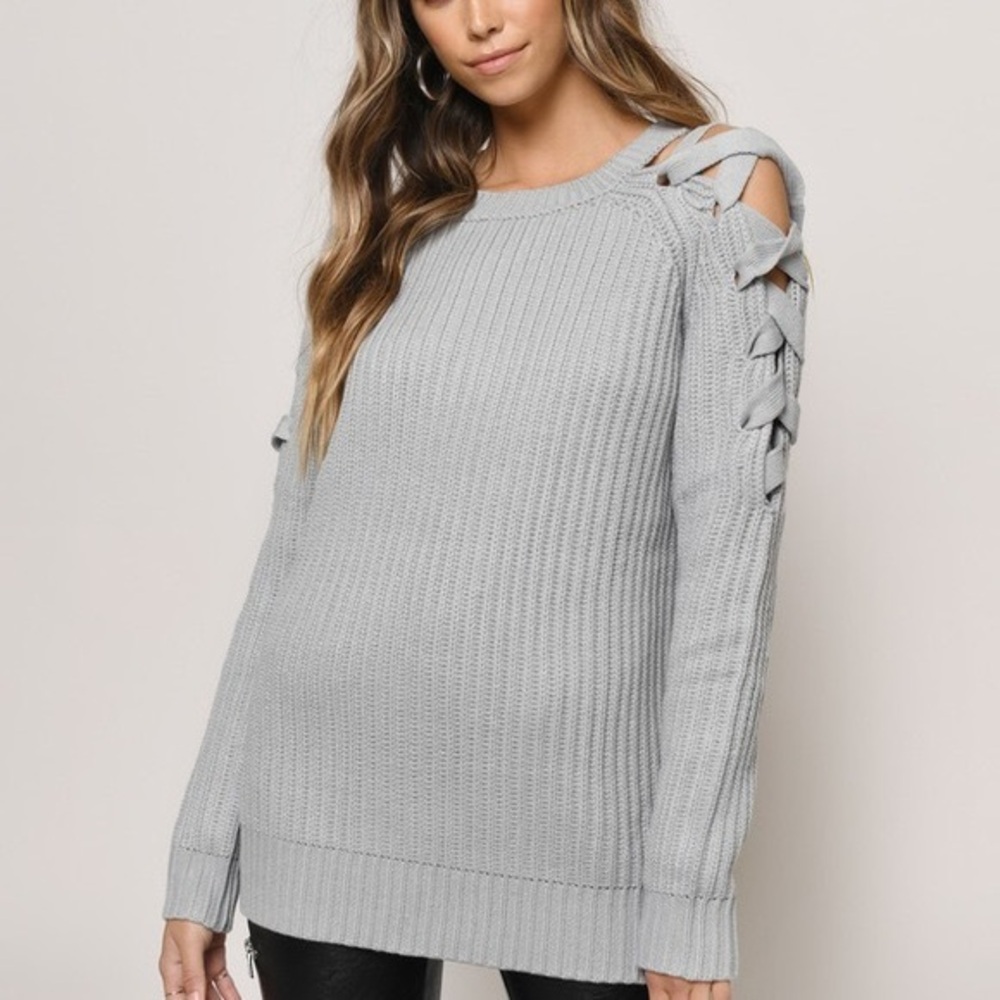 TOBI LACE UP GRAY SWEATER | SZ S - Picture 2 of 7